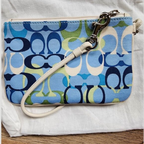 VTG Coach Signature Leather Trim Blue & White Hobo Bag Purse w/Matching Wristlet - Picture 14 of 14